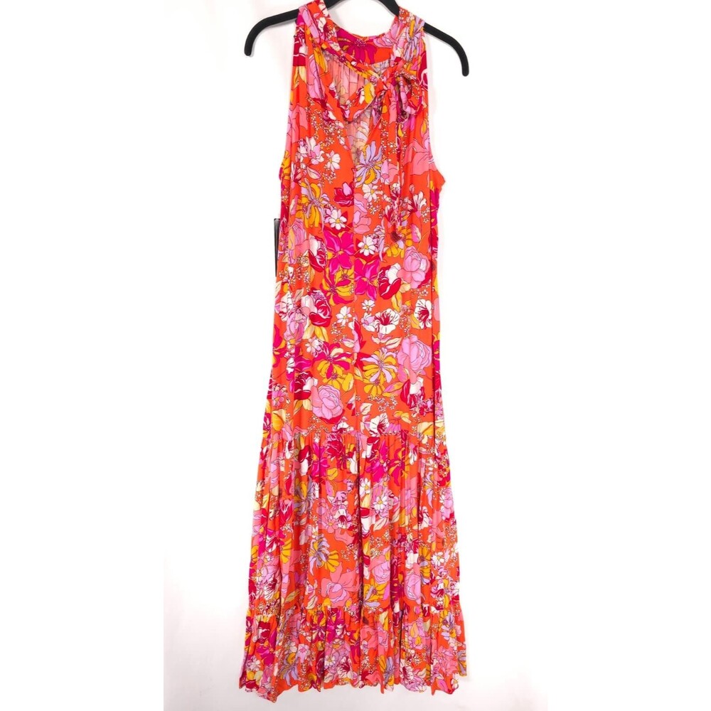 MSK New Womens Maxi Dress LARGE Floral Orange Pink Sleeveless Tie Neck 93420127Q
